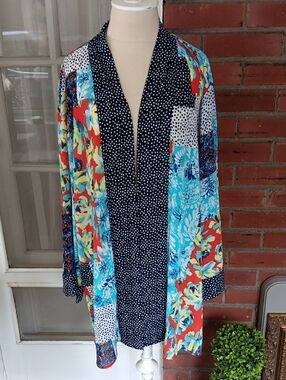 Multiples 2X Patchwork Floral Teal Red Black Polka Dot Boho Kimono